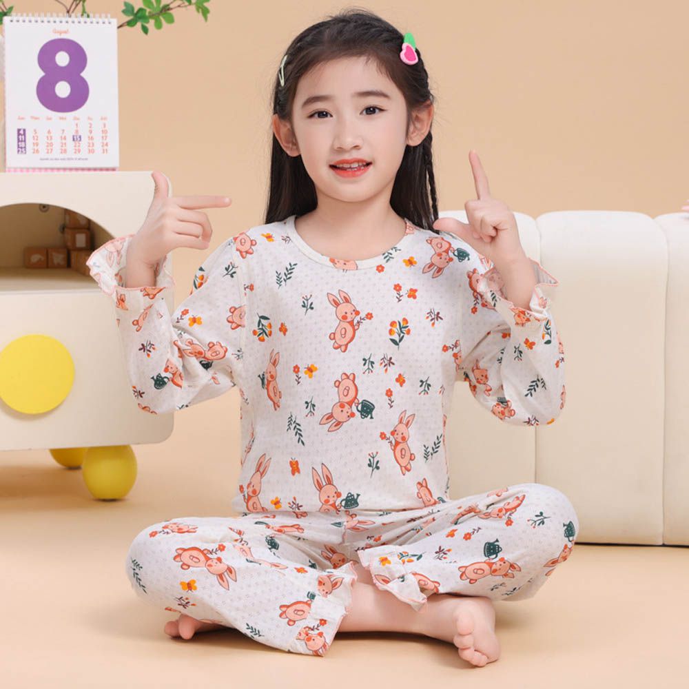 純棉網眼荷葉邊長袖家居服套裝/空調服-花朵兔子