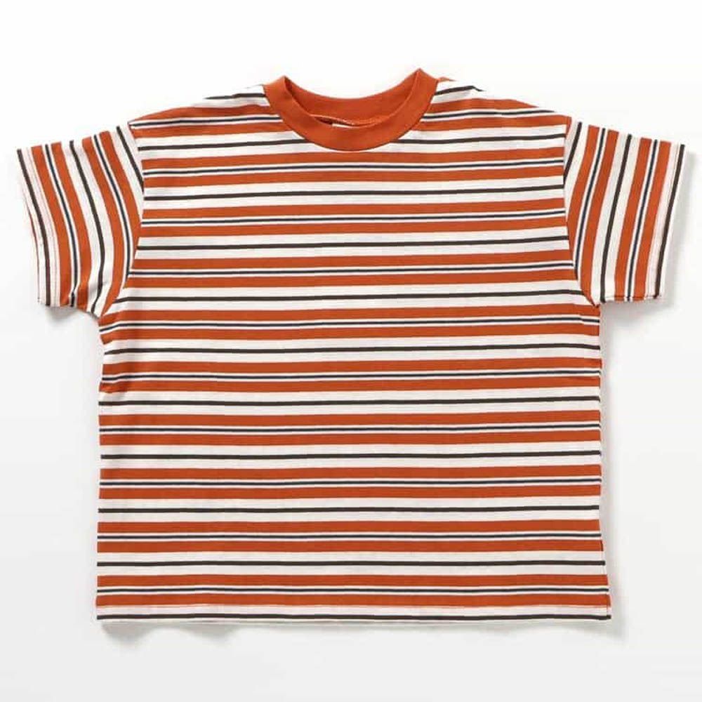 100%棉 百搭條紋落肩短袖上衣-橘X白