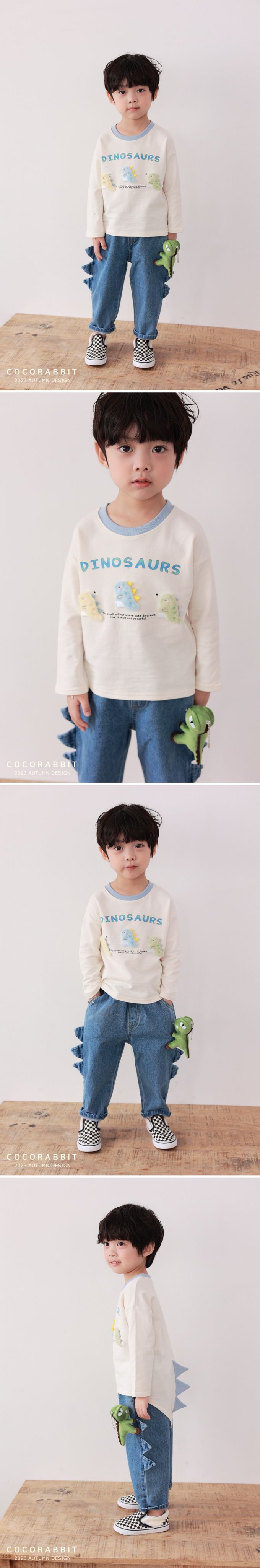 韓國 Coco rabbit - 毛絨恐龍角角裝飾長袖上衣-天藍領