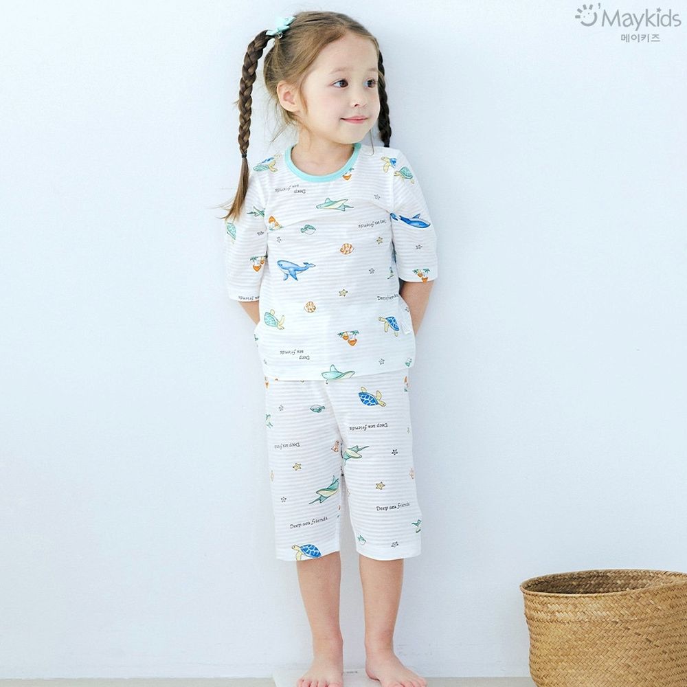 透氣條紋提花棉七分袖家居服-海洋生物-米白