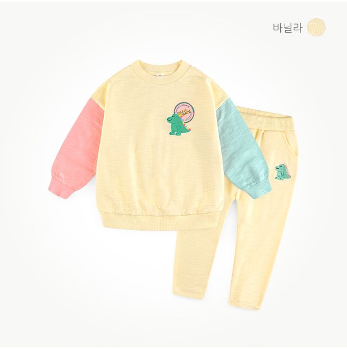 韓國 milk mile - 恐龍印花圓領長袖套裝-香草黃