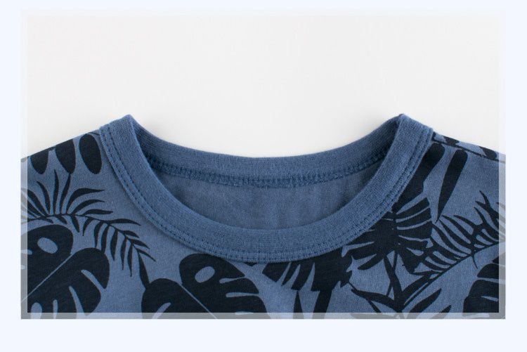 短袖棉T-熱帶葉片紋-藍色