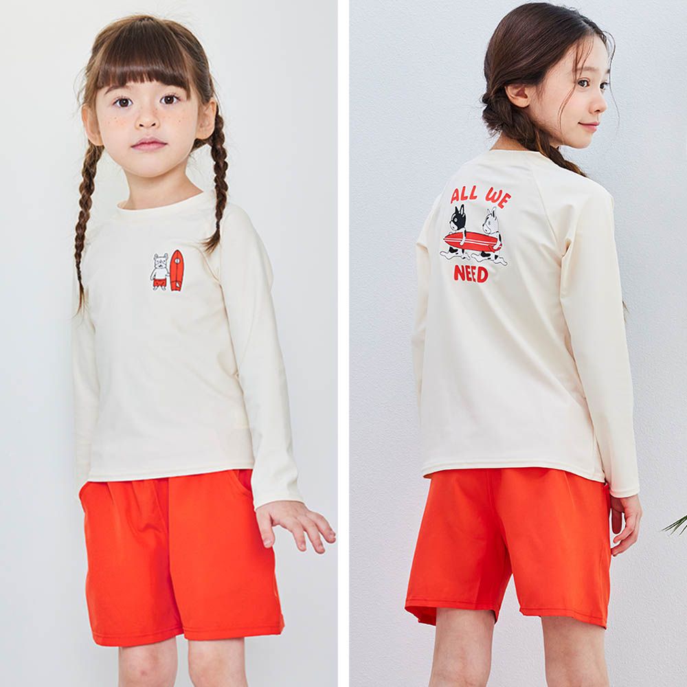 UPF 50+抗UV兩件式兒童泳衣/泳裝(長袖X短褲)-衝浪狗狗-米X磚紅