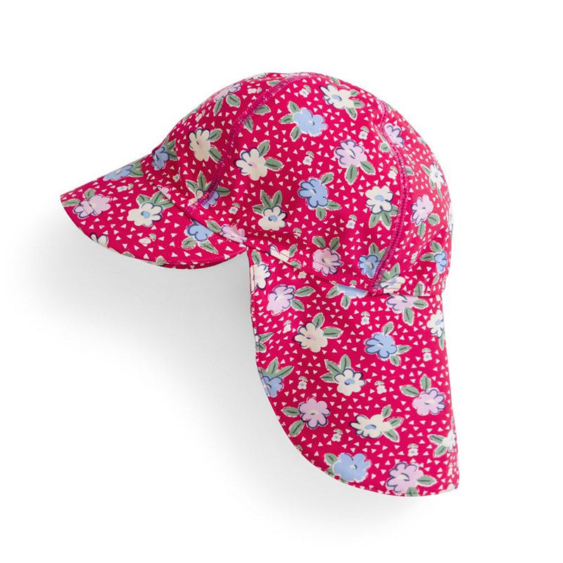 英國 JoJo Maman BeBe - 嬰幼兒/兒童泳裝戲水UPF50+防曬護頸遮陽帽-小花朵朵