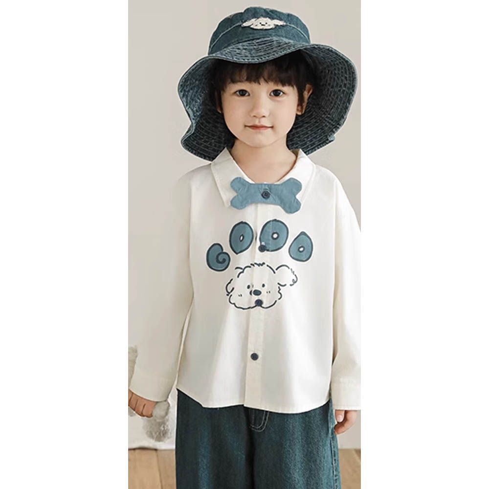 純棉休閒長袖襯衫(可拆式領帶)-大元氣狗狗-米白色