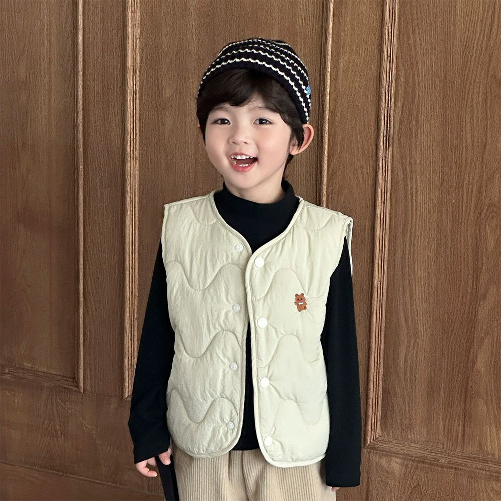 波浪紋絎縫鋪棉背心-刺繡小動物-青檸檬