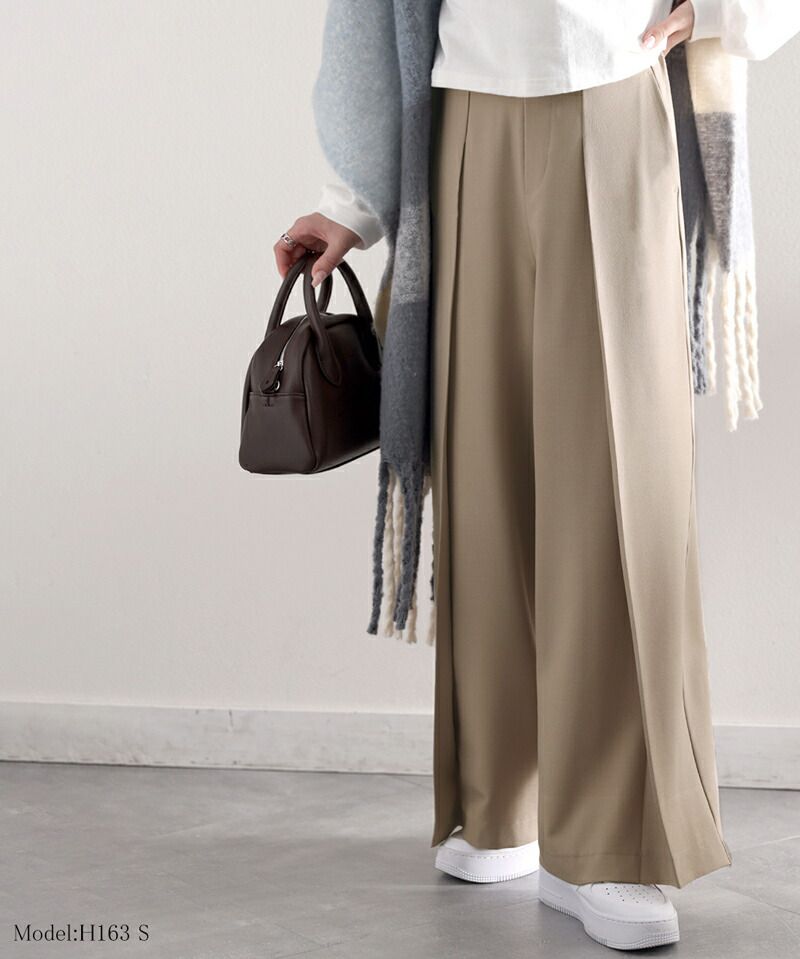 日本 Classical Elf - 修身垂墜感打褶寬褲-咖啡