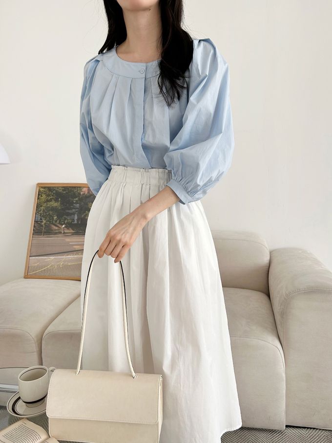 韓國女裝連線 - 氣質抓褶圓領七分袖襯衫-白 (FREE)