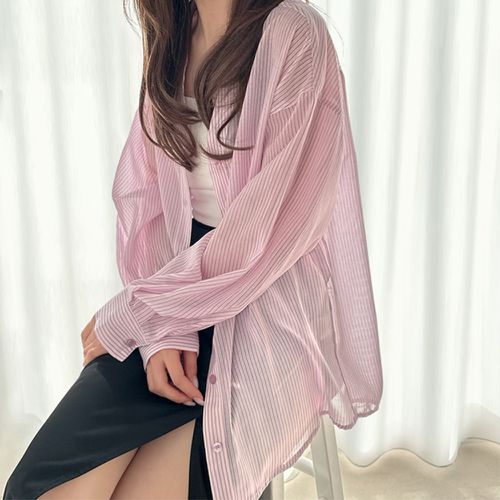 日本 GRL - 可愛後綁帶翻領透膚長袖襯衫-蜜桃粉 (F)