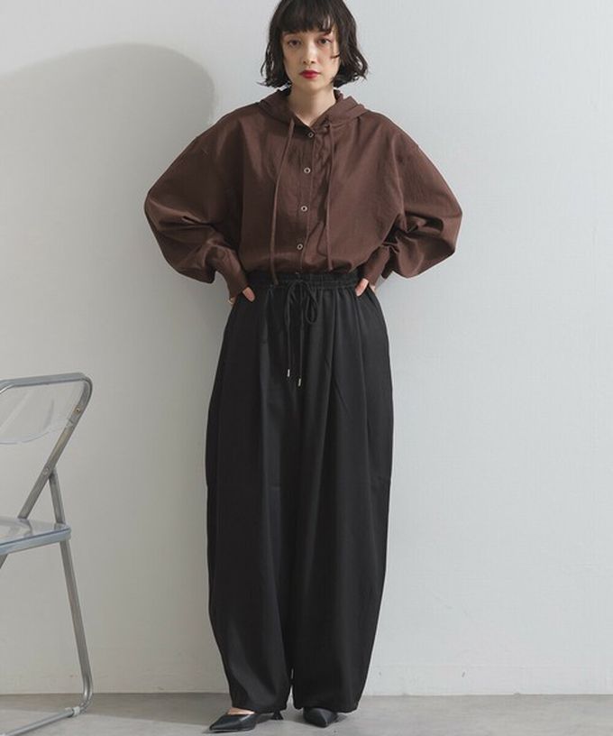 日本 ELENCARE DUE - 復古風磨毛寬版連帽長袖襯衫-黑