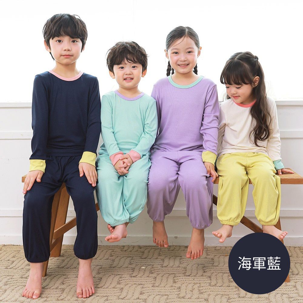 莫代爾羅紋彈力長袖家居服/睡衣-撞色-海軍藍