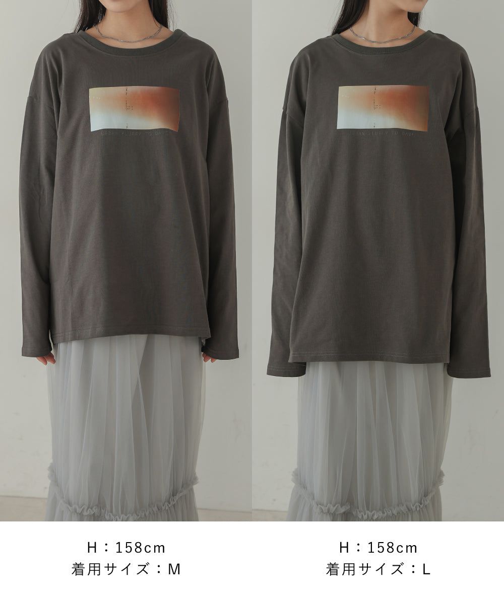 日本 Bab - 100%棉 寬鬆落肩印花長T-深灰