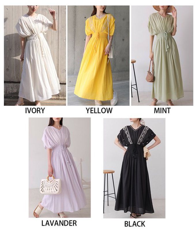 日本 Bab - 100%印度棉 素雅刺繡收腰短袖洋裝-象牙白