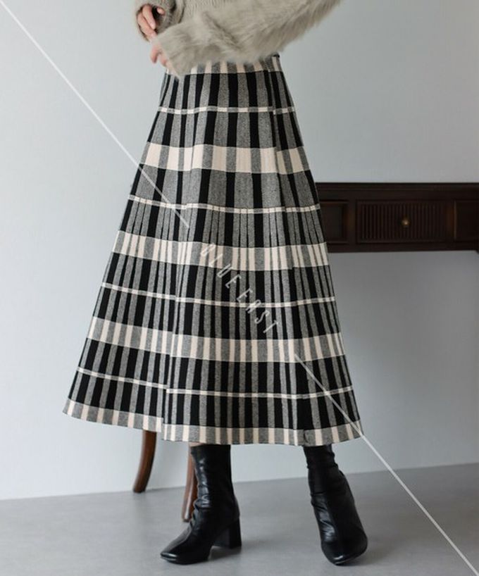 日本 BLUE EAST - 氣質女伶全腰鬆緊皺摺長裙-菱格-灰 (M)