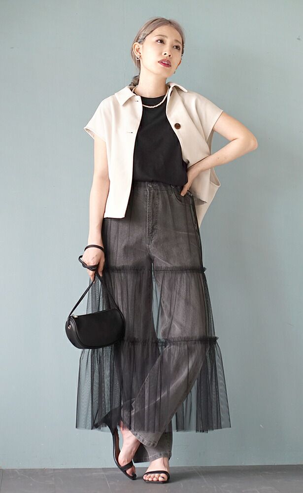 日本 zootie - 層次穿搭透膚薄紗長裙-米杏