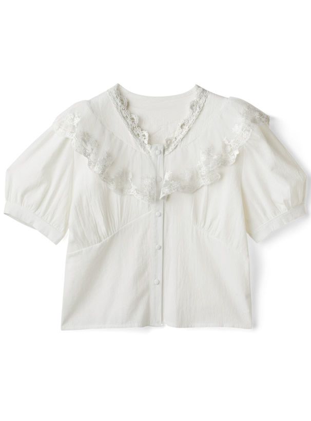 日本 GRL - 浪漫花蕾絲泡泡短袖排釦襯衫-白