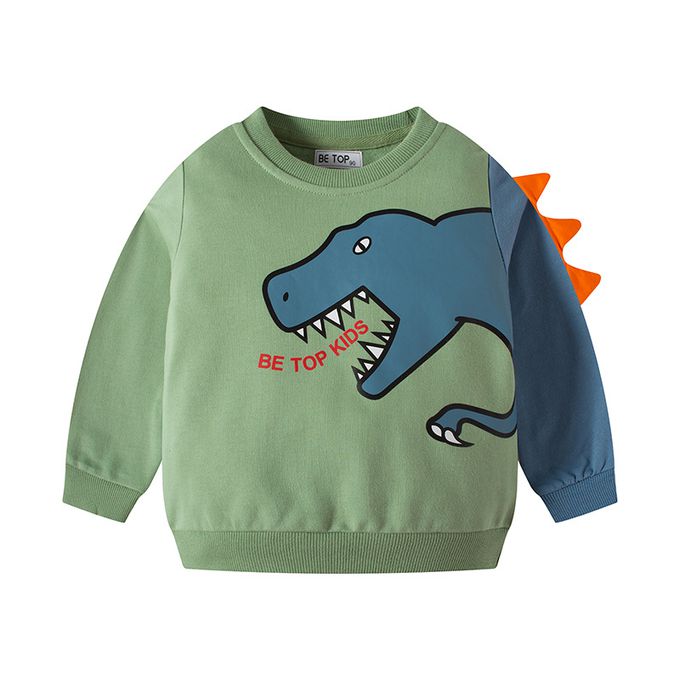 純棉立體造型長袖上衣/大學T-抽象恐龍-軍綠色