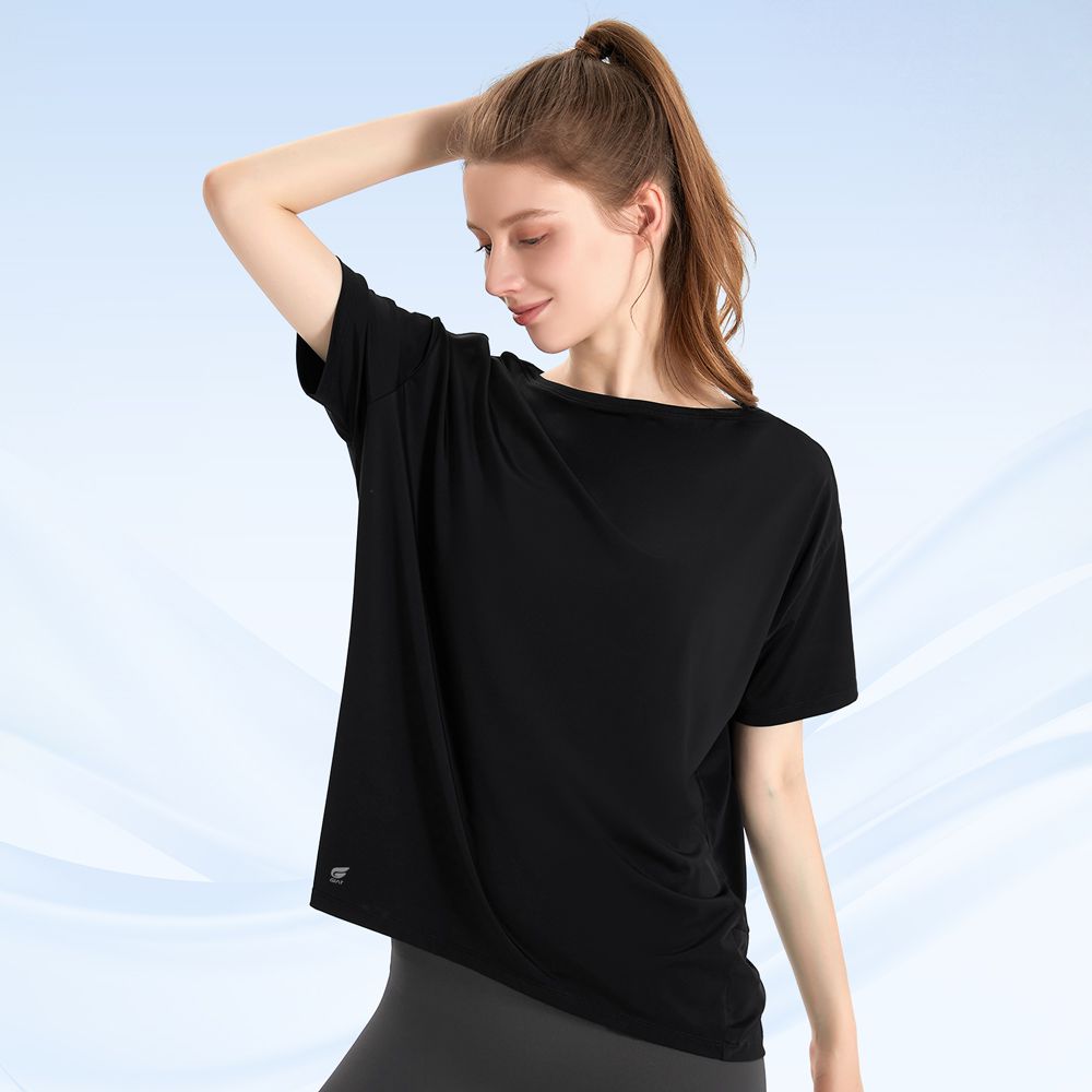 速涼絲感船領短袖上衣-晶石黑