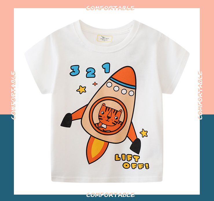 Jumping meters - 棉質圓領短袖上衣-老虎航空火箭-白色