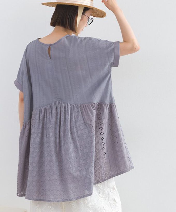 日本 Lupilien - 100%印度棉 柔美緹花長版短袖上衣-炭灰