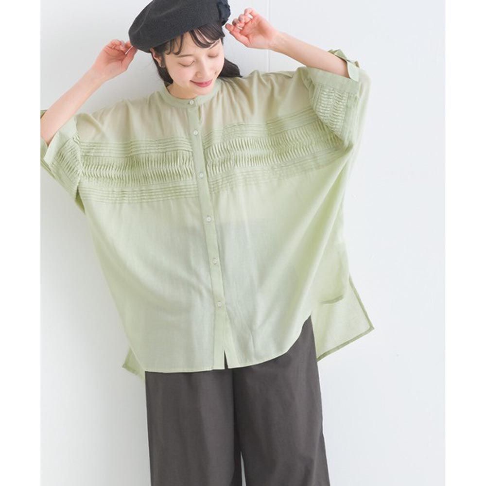 日本 Lupilien - 100%印度棉 細摺透感五分袖襯衫-淺綠