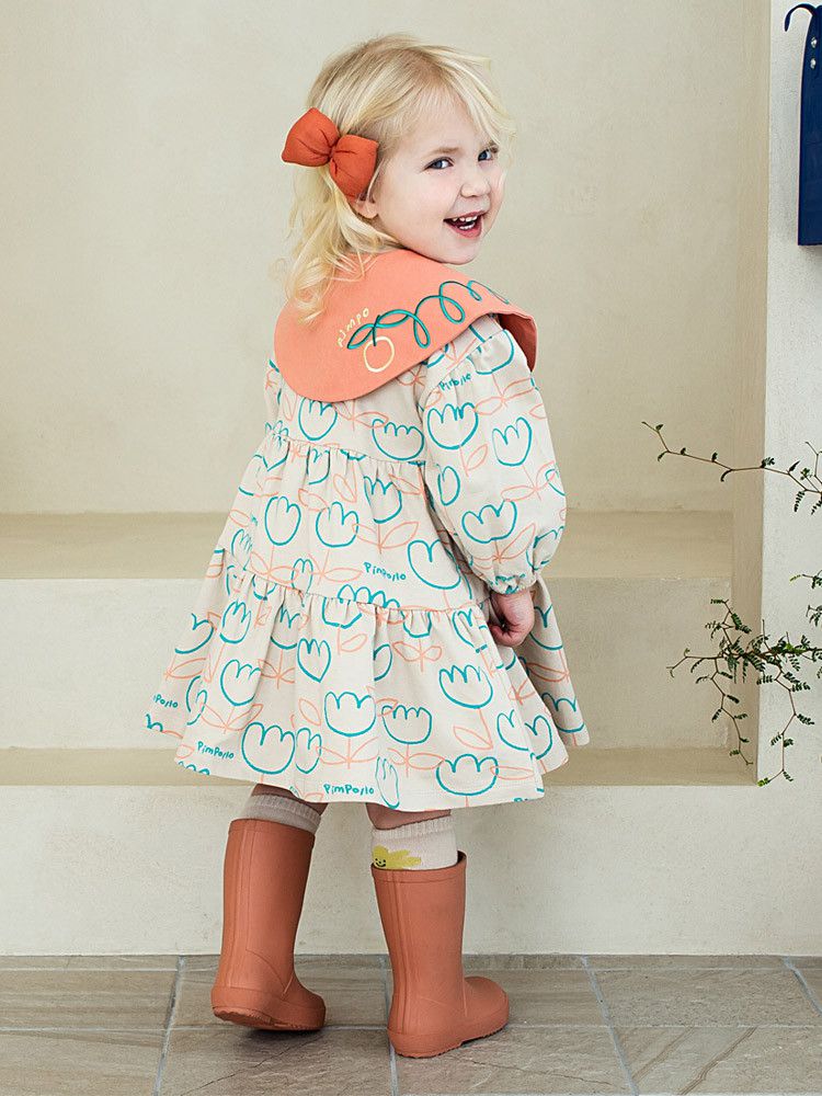 韓國Pimpollo - 可拆翻領可愛花朵洋裝-灰