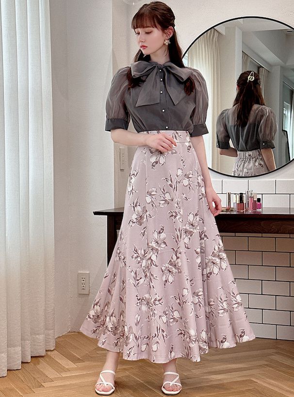 日本 GRL - 浪漫碎花修身長裙-春櫻粉