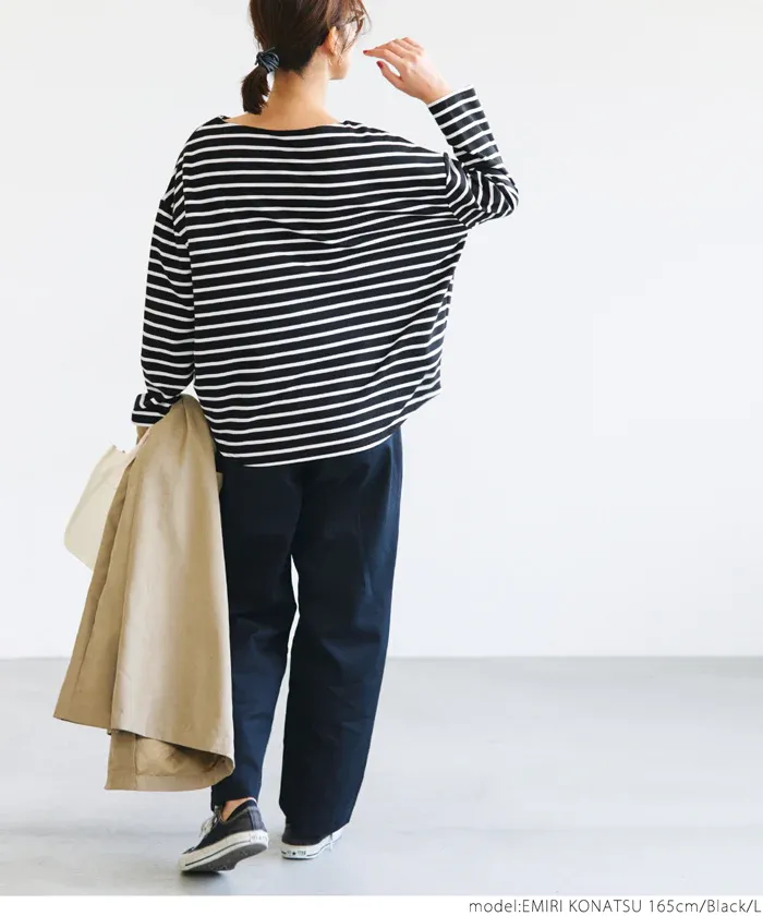 日本 COCA - [熱銷推薦] 百搭船領薄長袖上衣-條紋-灰x白