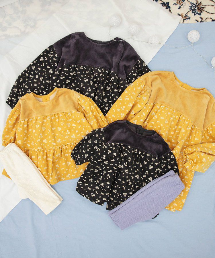 日本 BREEZE - 華美異素材拼接傘狀長袖洋裝-炭黑小花