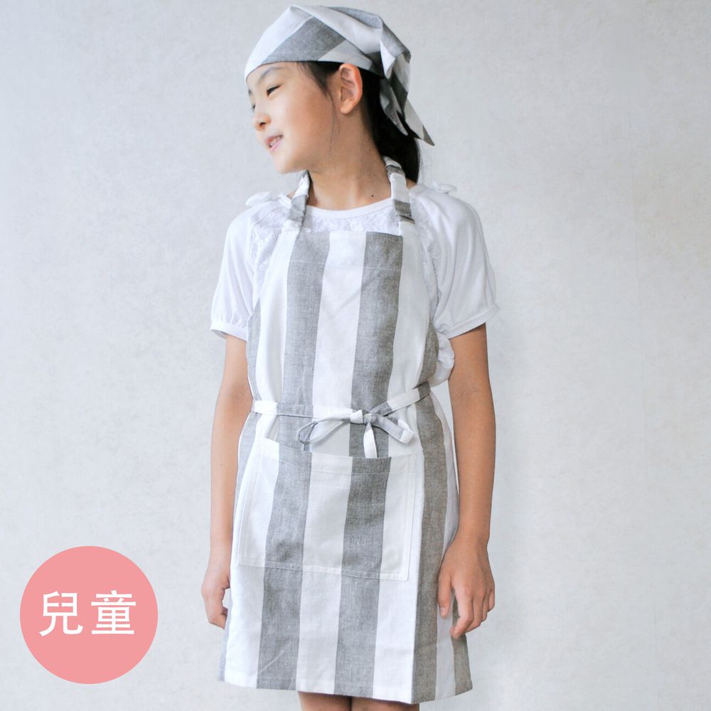日本代購 - 印度棉兒童料理圍裙+頭巾兩件組-粗直條紋-灰白 (100cm~)
