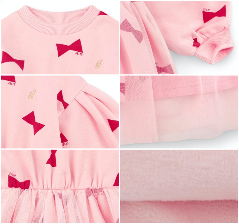 韓國 Jelispoon - (內刷毛)蝴蝶結泡泡袖網紗拼接洋裝-象牙白