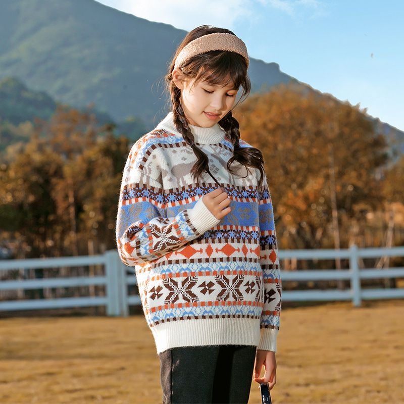 北歐風圖騰針織毛衣-小鹿-米色