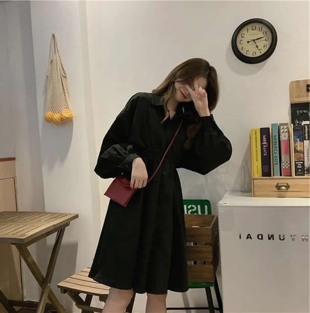 日本 GRL - 甜美翻領縮腰泡泡袖洋裝-黑