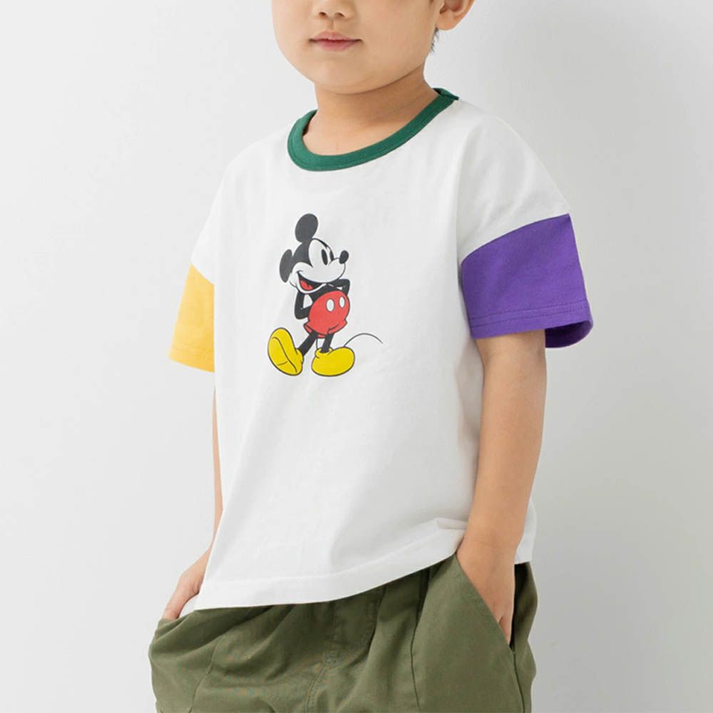 聯名款  卡通人物米奇純棉短袖上衣-雙手叉腰-白x黃x紫