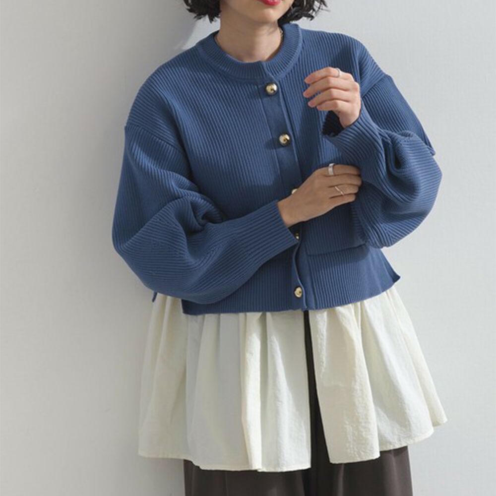 羅紋針織美型金扣層次長袖上衣-藍