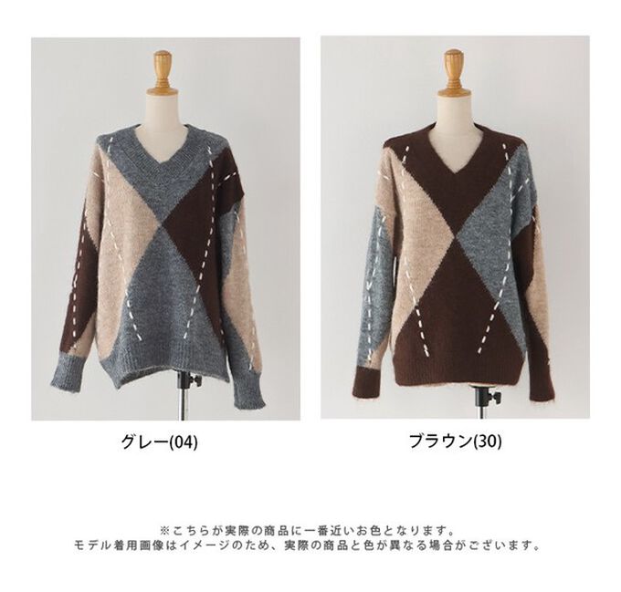 日本 BLUE EAST - 成熟菱格紋幾何V領針織上衣-咖啡系 (M)