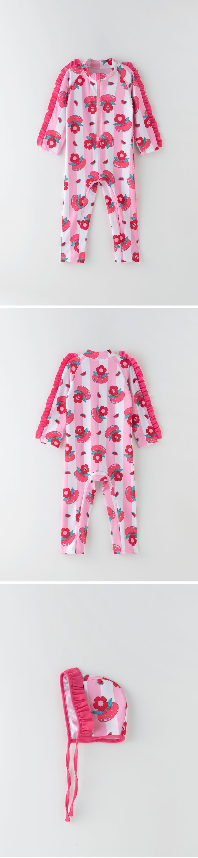 韓國 OZKIZ - 花朵泳圈長袖連身泳裝/泳帽Set-白X桃粉