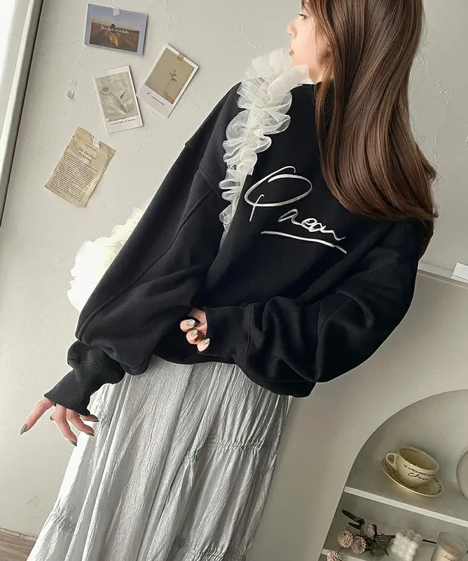 日本 Classical Elf - 背後刺繡logo 寬大落肩裏毛上衣-海軍藍