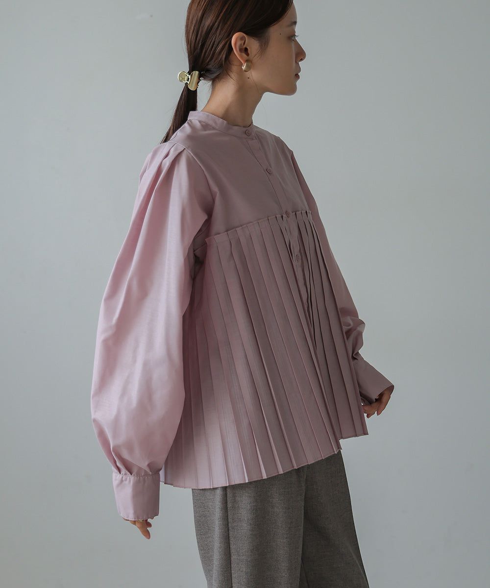 日本 Bab - 歐風百褶拼接泡泡袖襯衫-灰棕