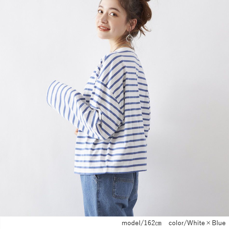 日本 Rejoule - V領橫條紋落肩短版薄外套-藍x白