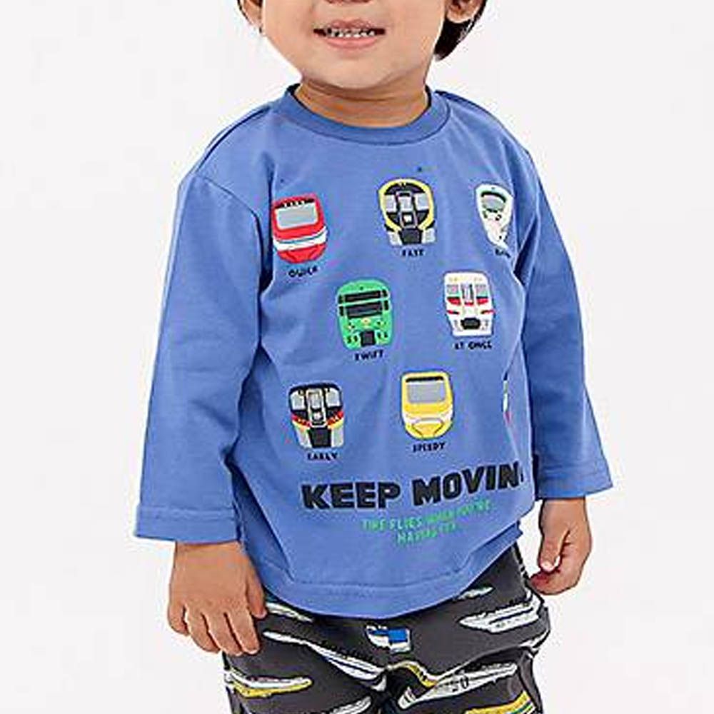 [推薦]定番印花薄長袖上衣-電車-寶藍