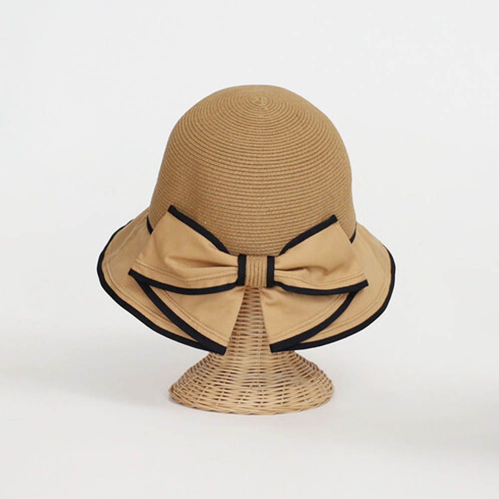 滾邊蝴蝶結造型編織草帽-摩卡棕