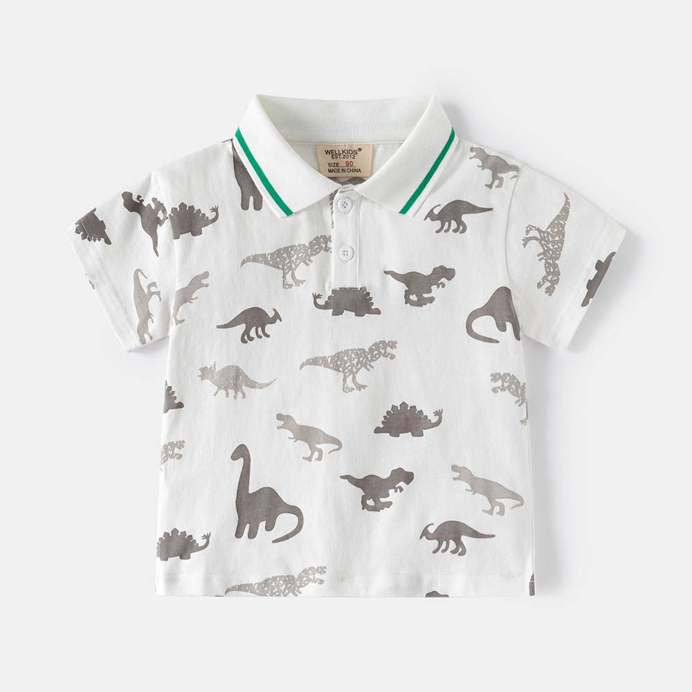 純棉休閒翻領短袖上衣-滿印恐龍-米白