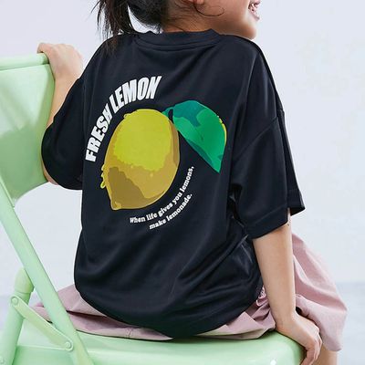 日本 devirock - 速乾網眼超舒適短袖上衣-背後檸檬-黑