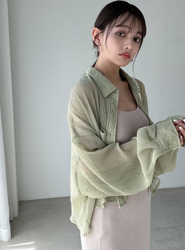 日本 GRL - 透明感楊柳短版長袖襯衫-象牙杏 (F)