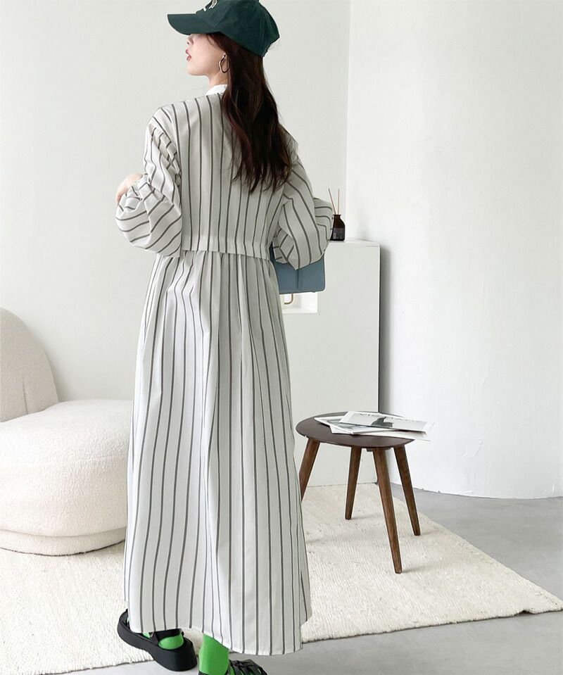 日本 Classical Elf - 修身立領泡泡袖襯衫洋裝-直條紋-海軍藍