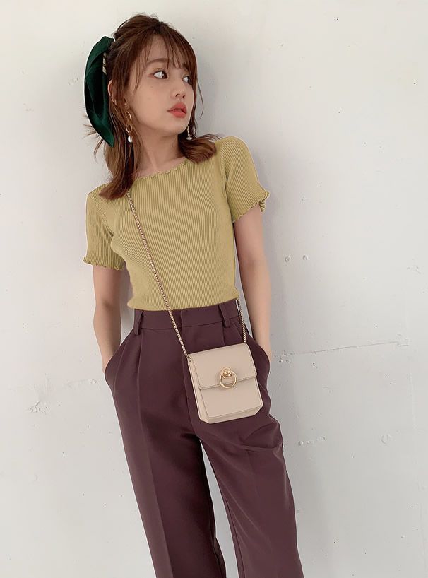 日本 GRL - 圓領木耳捲邊合身短袖上衣-煙燻粉