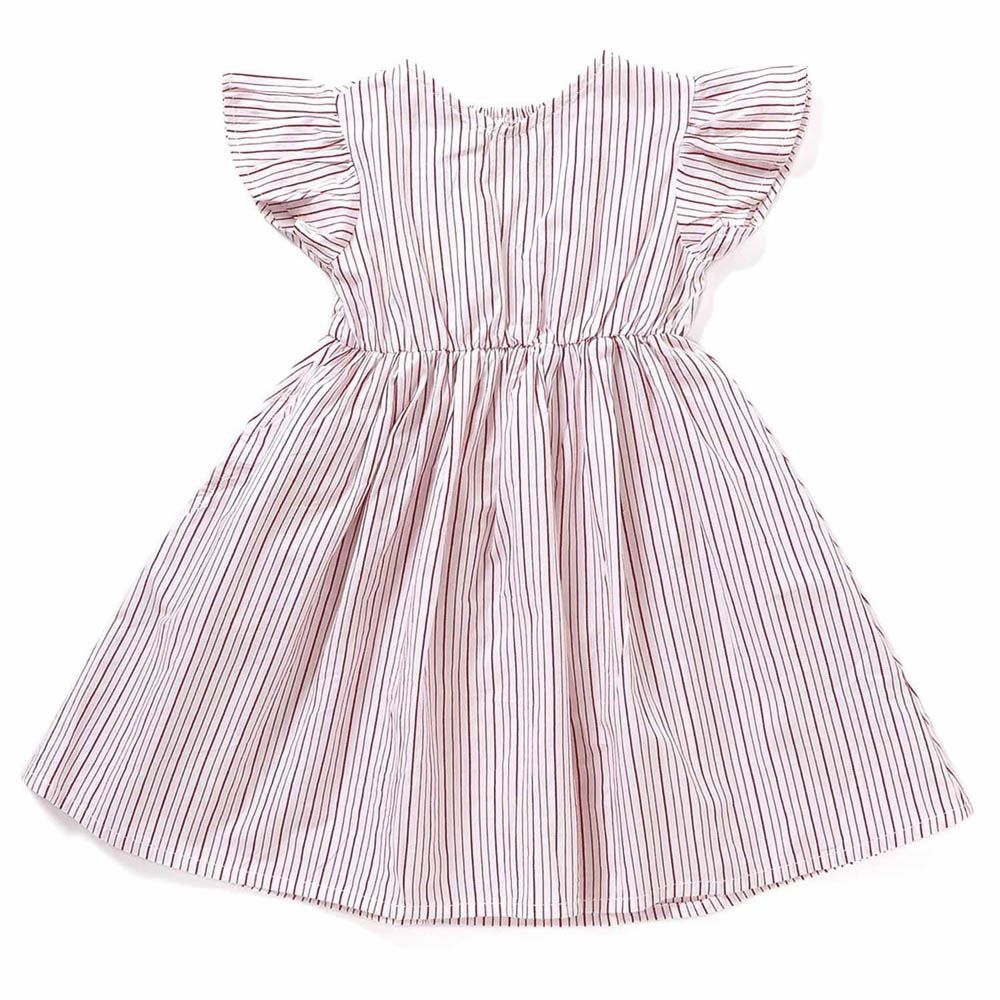 百搭款小荷葉短袖洋裝-條紋-淺粉