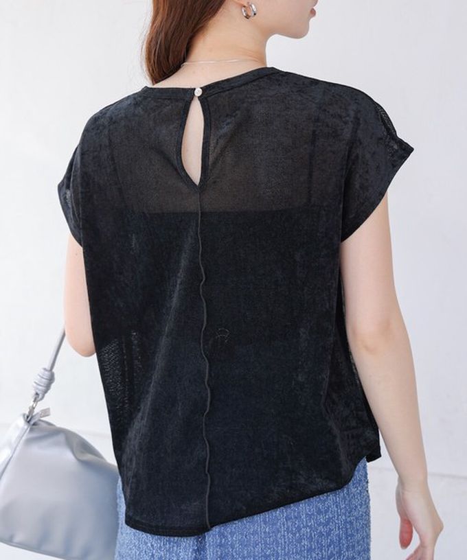 日本 Bab - 微透輕盈天鵝絨法式袖上衣-水藍 (M)