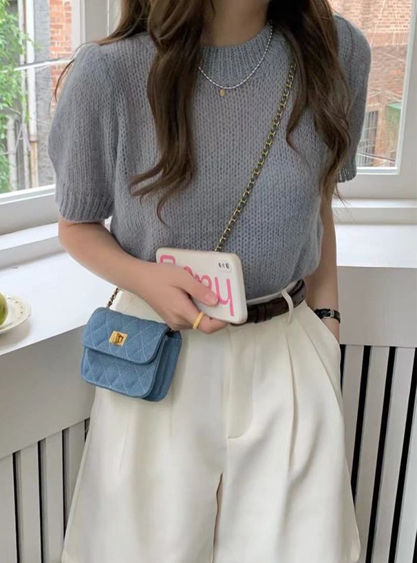 日本 GRL - 菱格紋金屬鏈側背小包-丹寧藍 (F)